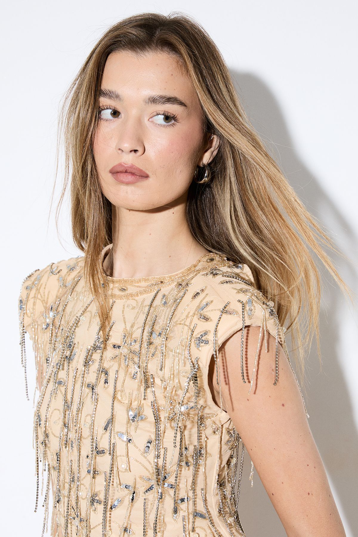 MissPap Premium Embellished Beaded Mini Dress Nude image 4