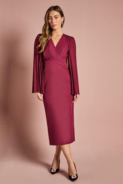 Coast Pleated Cape Sleeve Crepe Pencil Midi Dress Berry