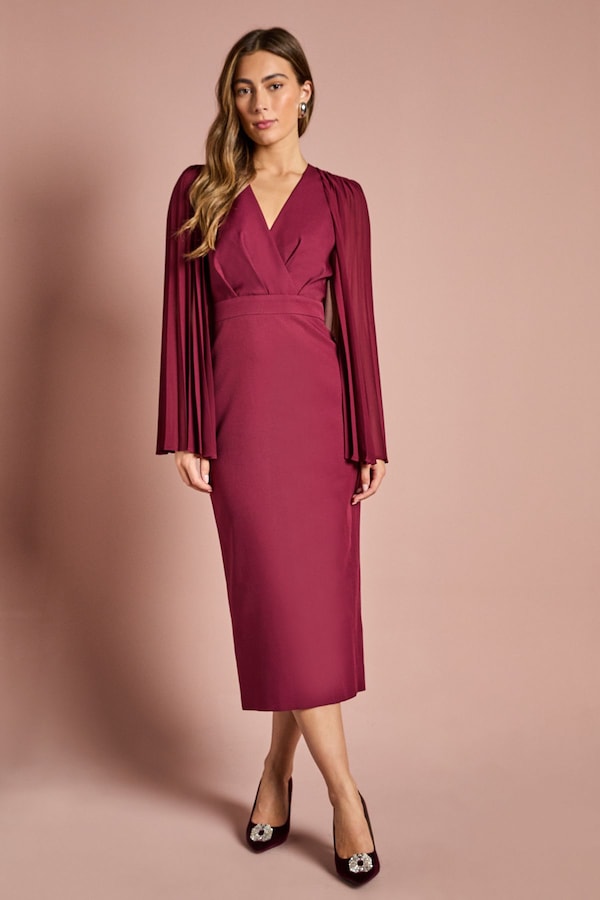 Coast Pleated Cape Sleeve Crepe Pencil Midi Dress Berry