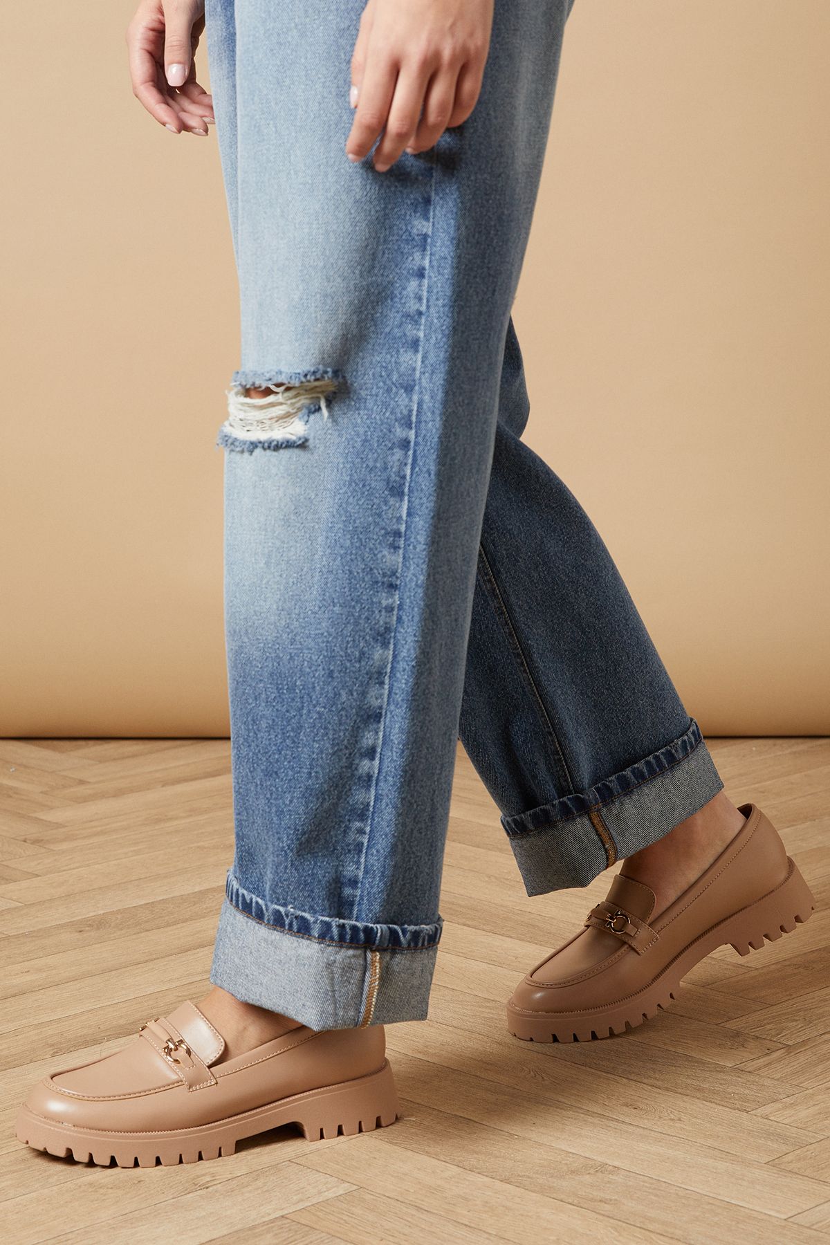 Oasis Zerrith Faux Leather Snaffle Detail Chunky Loafers Beige image 3