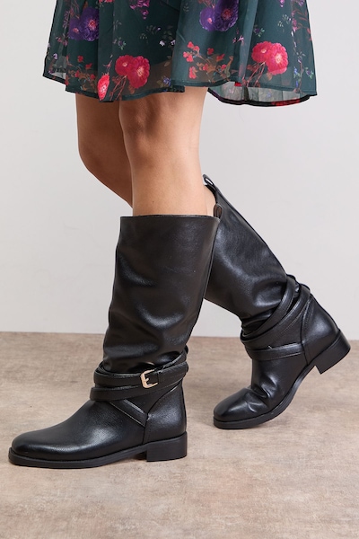 Oasis Ava Faux Leather Grain Mid-Calf Buckle Boots Black