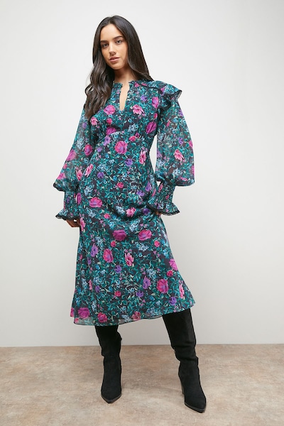 Oasis Printed Shirred Cuff Tea Midi Dress Black