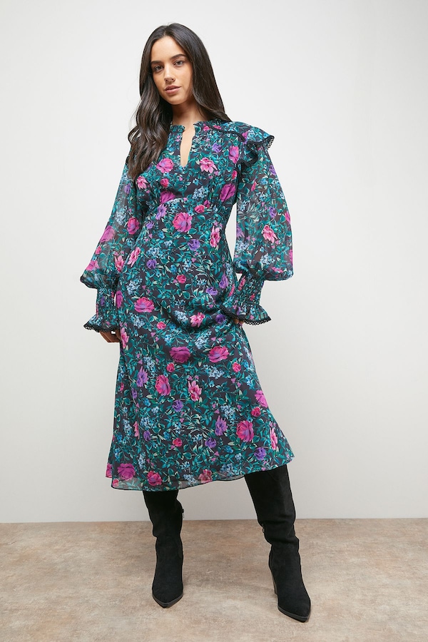 Oasis Printed Shirred Cuff Tea Midi Dress Black