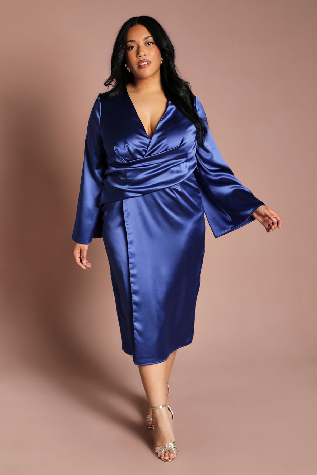 Coast Plus Satin Wrap Front Dress With Flare Sleeve Cobalt