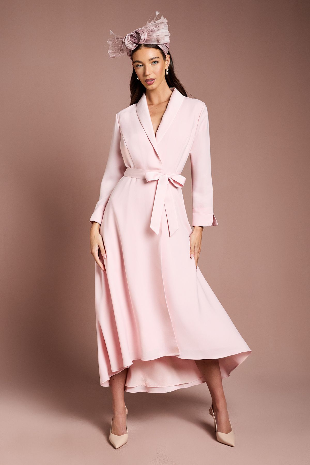 Coast Lisa Tan Collared Satin Belted Wrap Dress Blush image 1