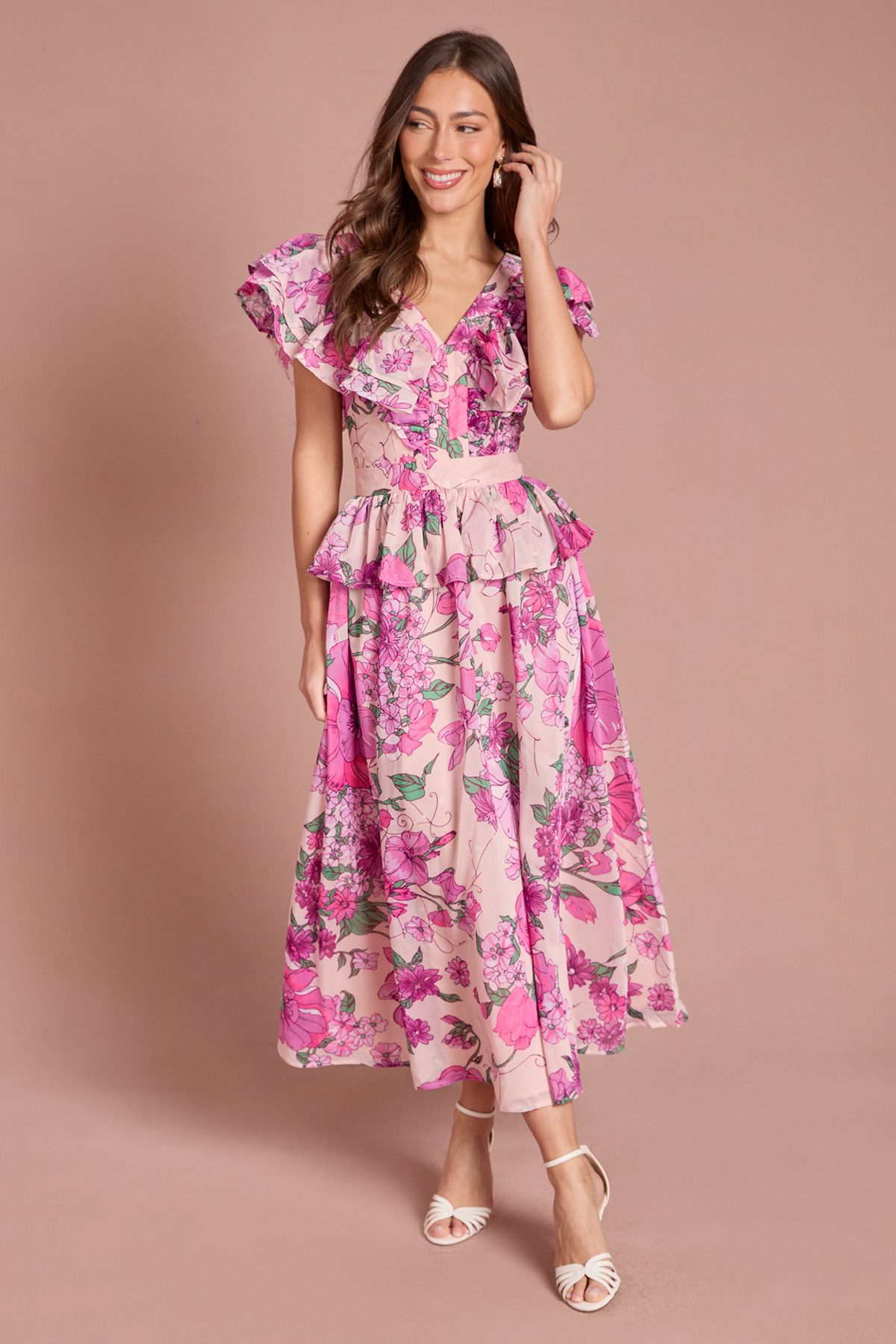 Coast Printed V Neck Organza Ruffle Midi Dress Pink