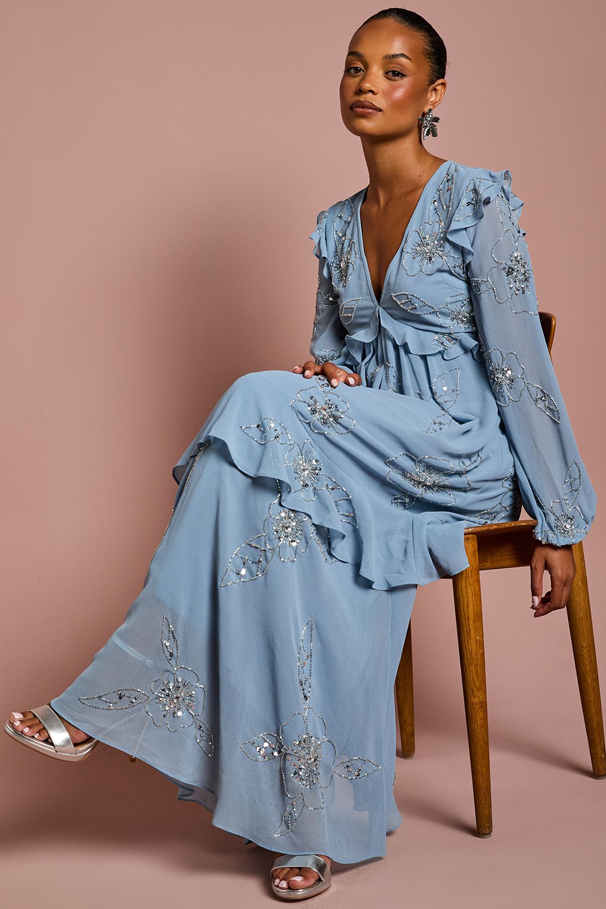 Coast Petite V Neck Long Sleeve Embellished Flower Tiered Georgette Midi Dress Dusty Blue image 2