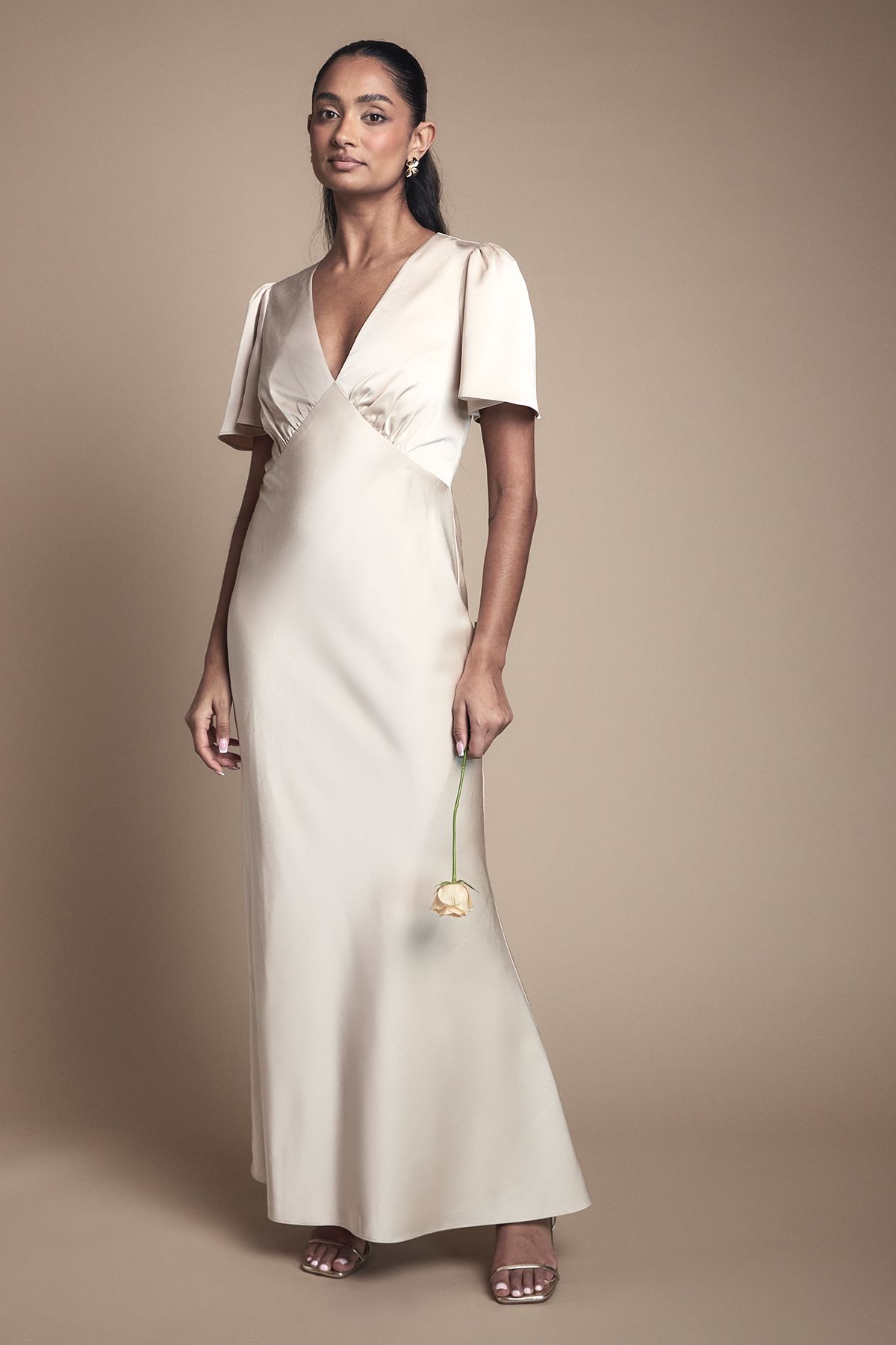 Oasis Deep V Fluted Sleeve Maxi Bridesmaid Dress Champagne