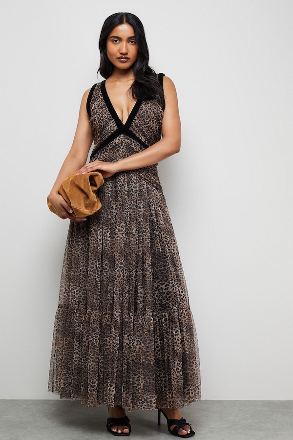 Warehouse Velvet Trim Leopard Tulle Maxi Dress Animal