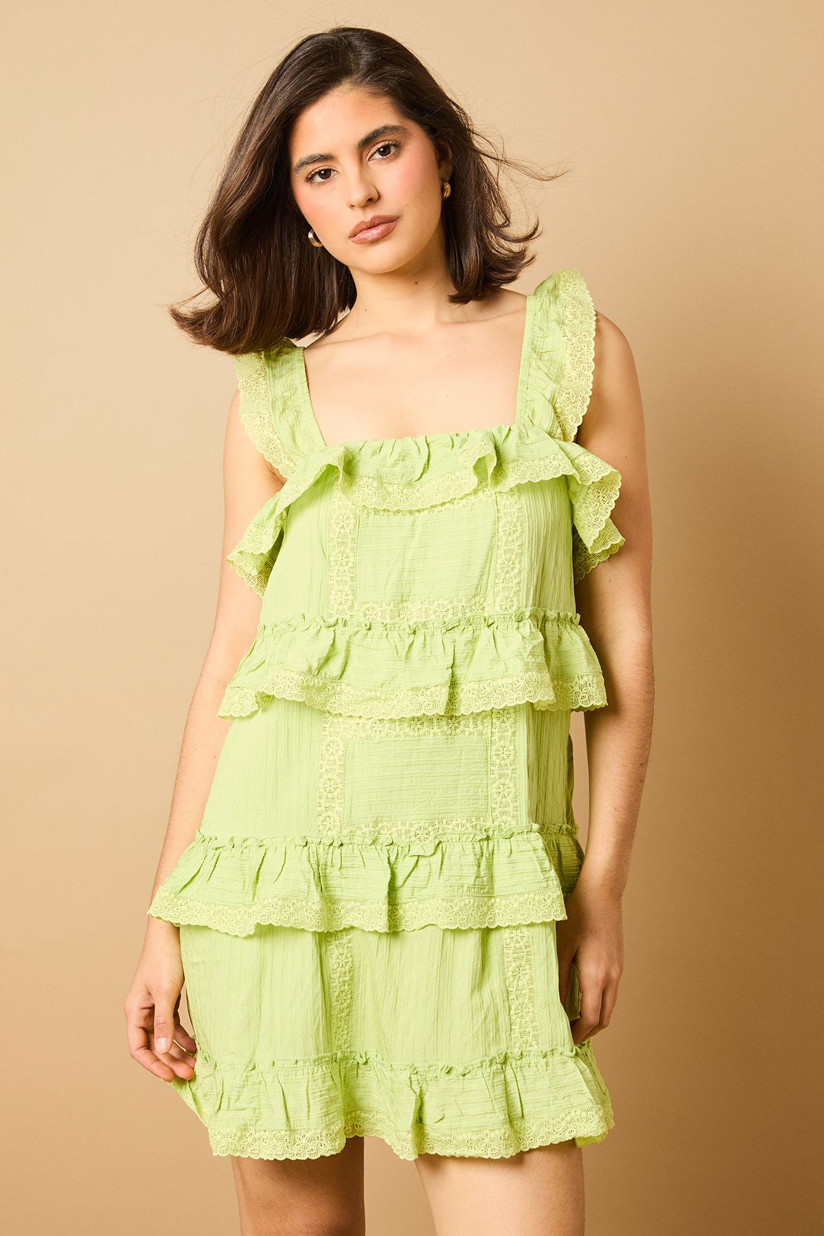 Oasis Broderie Tiered Detail Strappy Mini Dress Sage image 1