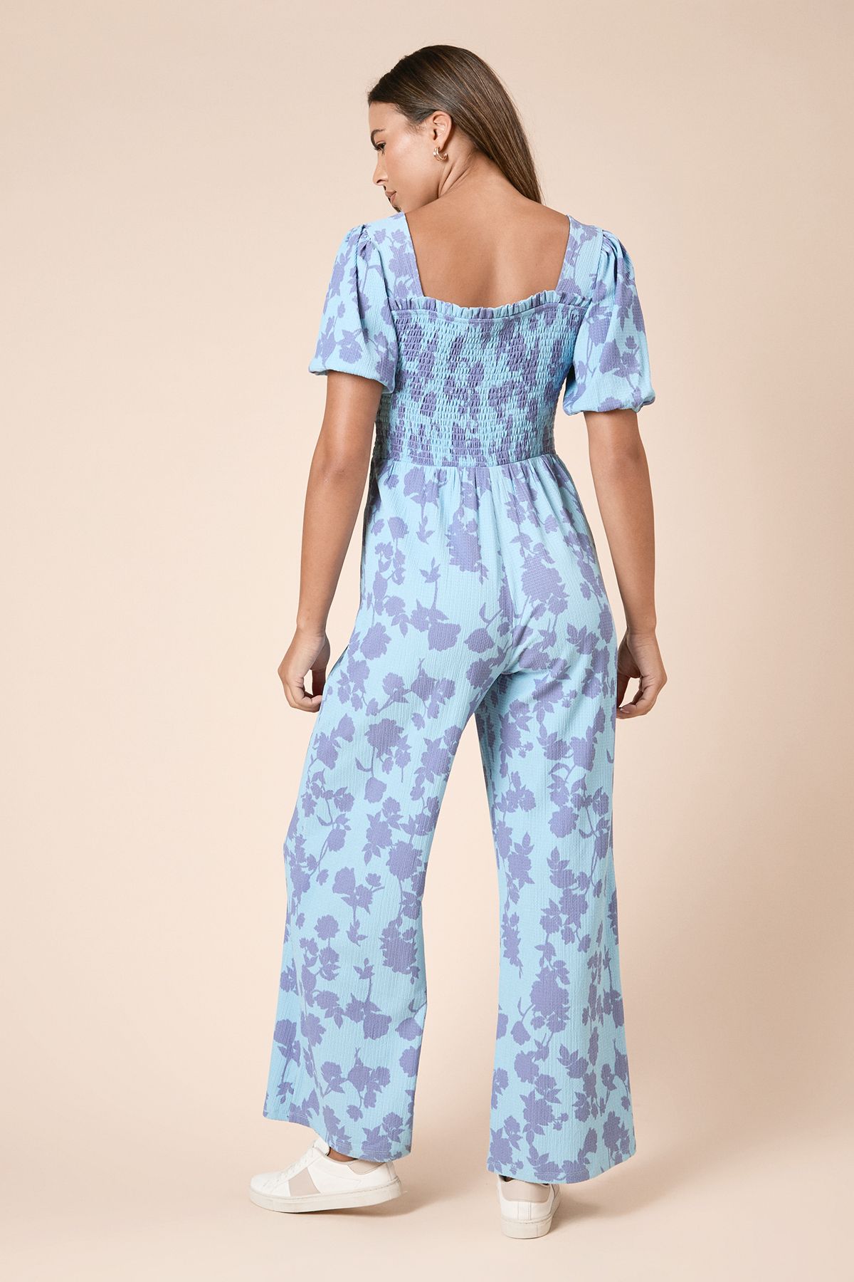 Dorothy Perkins Blue Floral Shirred Bodice Puff Sleeve Jersey Jumpsuit Blue image 3