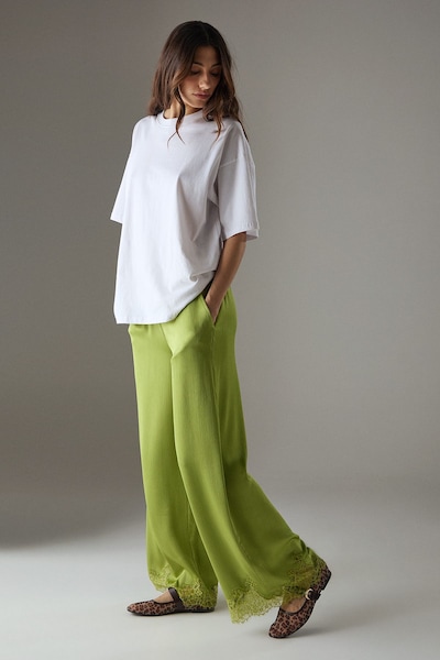 Warehouse Satin Lace Insert High Waisted Wide Leg Trousers Green