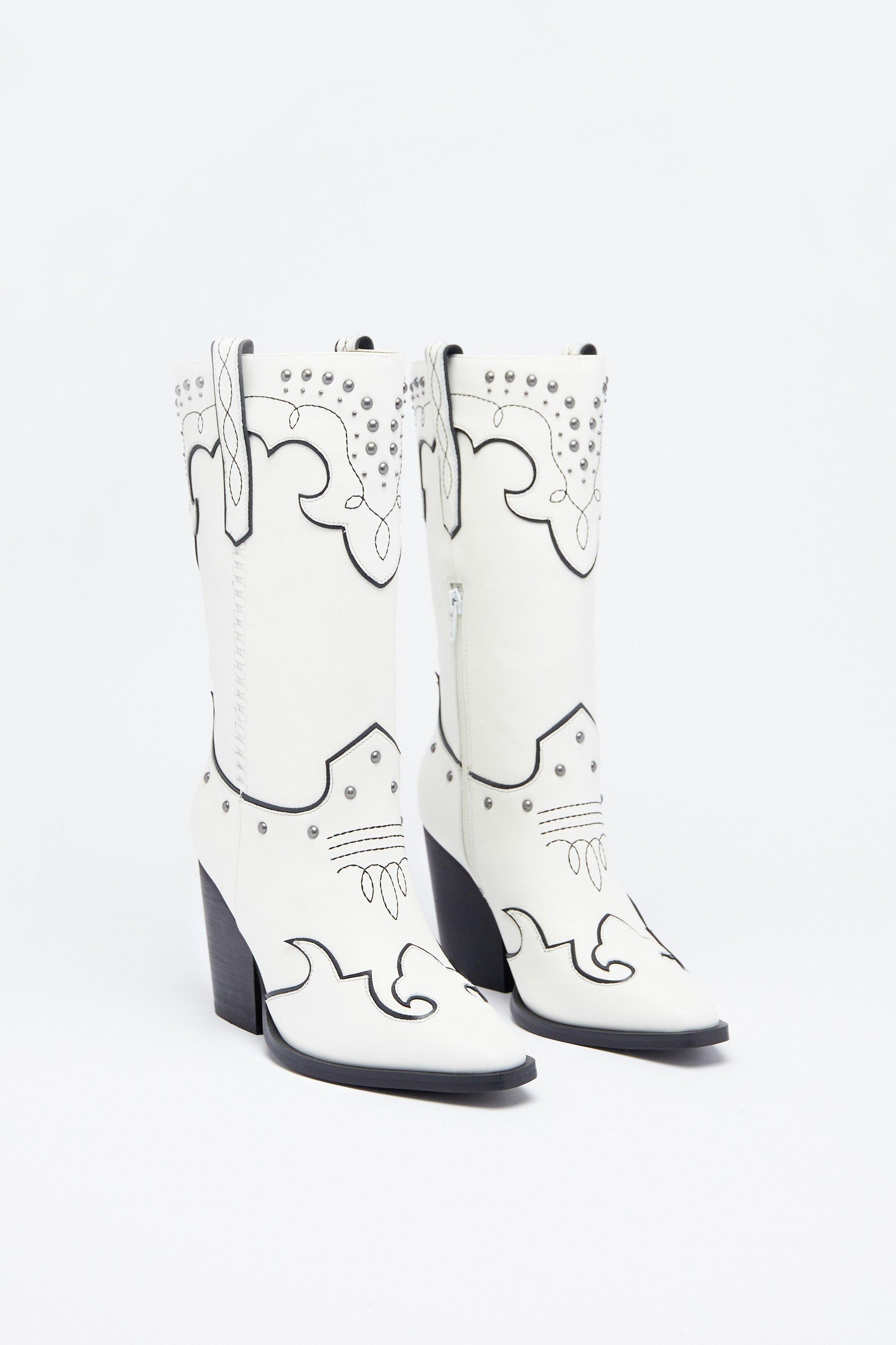 Warehouse Leather Studded Contrast Stitch Cowboy Boot White image 2