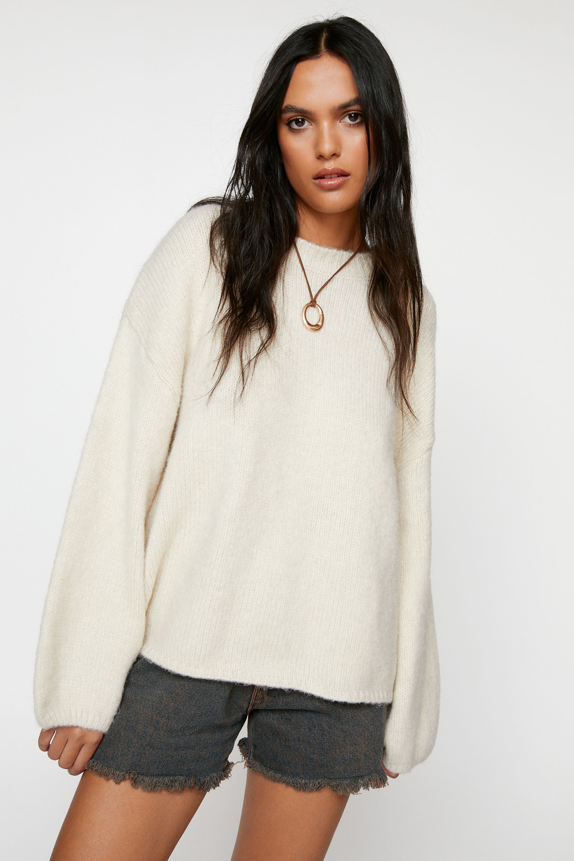 NastyGal Oversized Crew Neck Jumper Ecru image 1