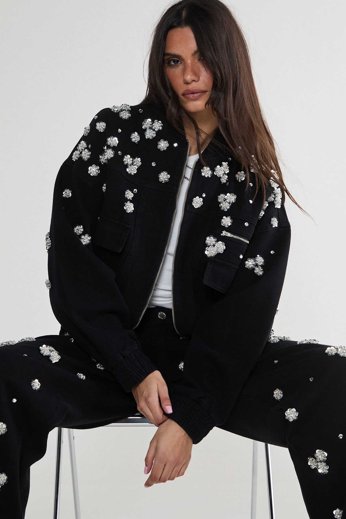 NastyGal Limited Embellished Flower Applique Jacket Washed Black image 1