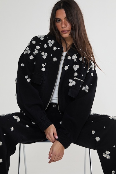 NastyGal Limited Embellished Flower Applique Jacket Washed Black