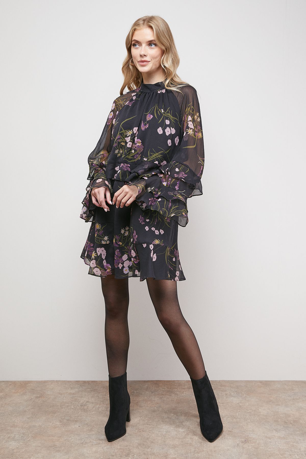 Oasis Layered Ruffle Sleeve Bow Back Mini Dress Floral image 2