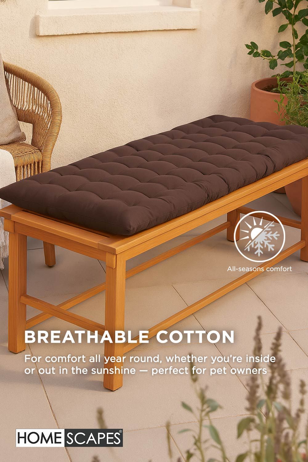 Homescapes Garden Bench Cushion Luxury 2 Seater Cotton Indoor Outdoor Pad, 108 x 42cm image 5