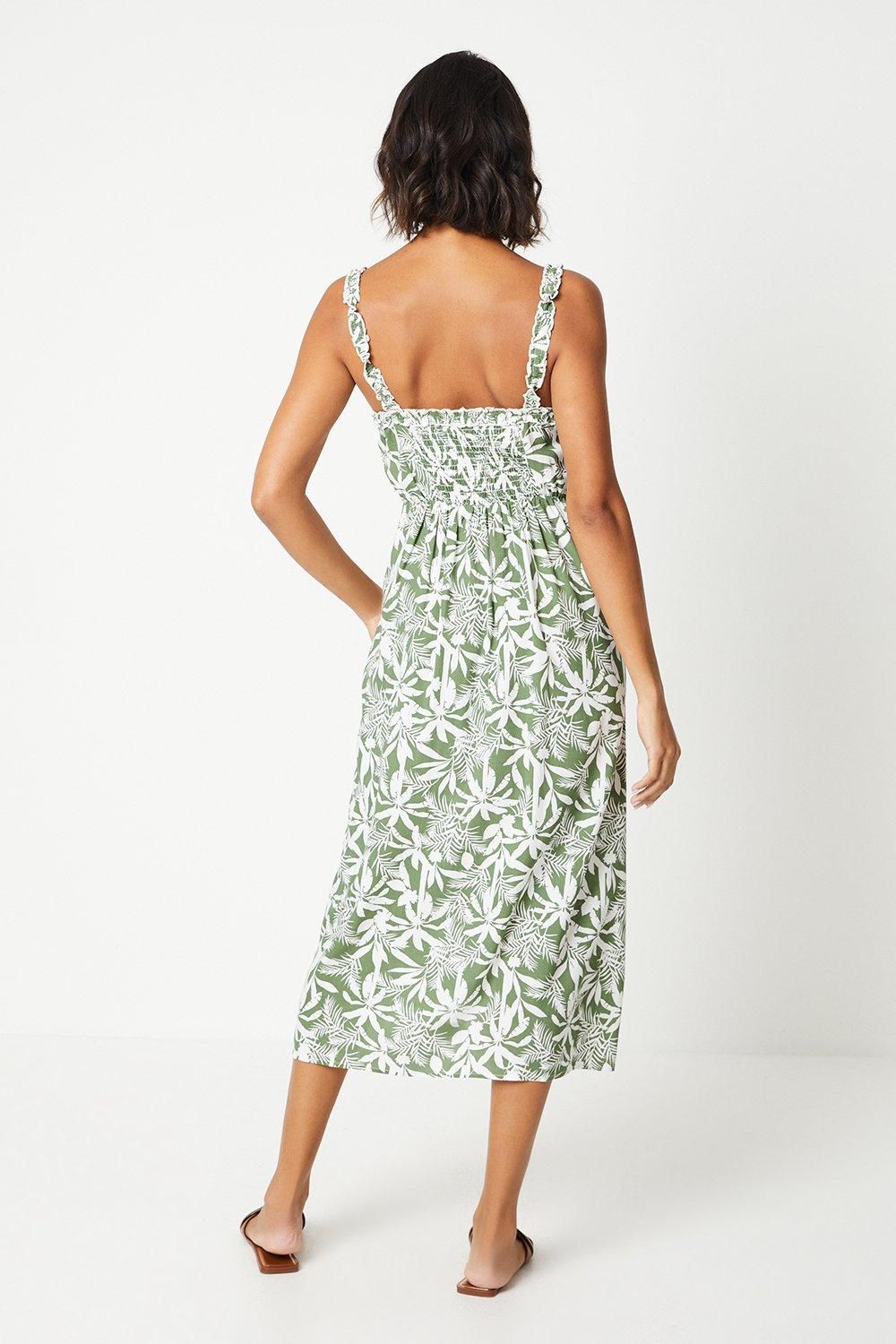 Dorothy Perkins Palm Button Through Frill Neckline Midi Dress Green image 3