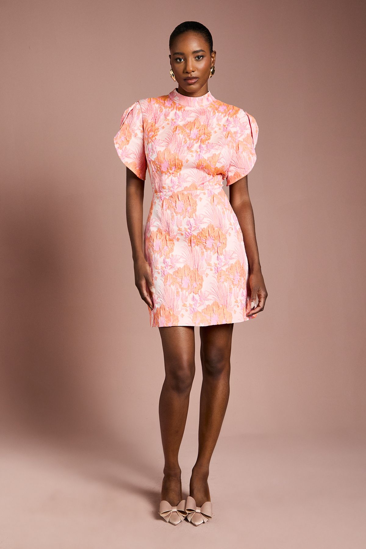 Coast Puff Sleeve Jacquard Mini Dress Pink