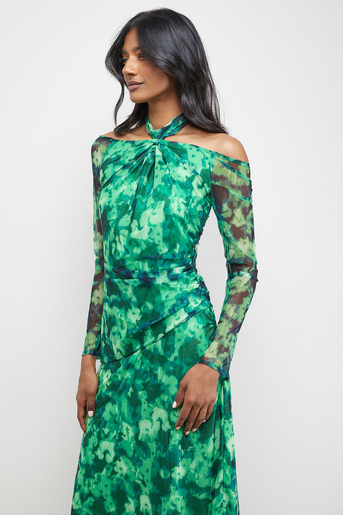 Warehouse Print Twist Mesh Midi Dress Green image 4