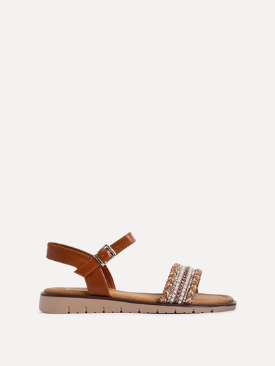 Linzi Halo Tan Weaved Embellished Flat Sandals