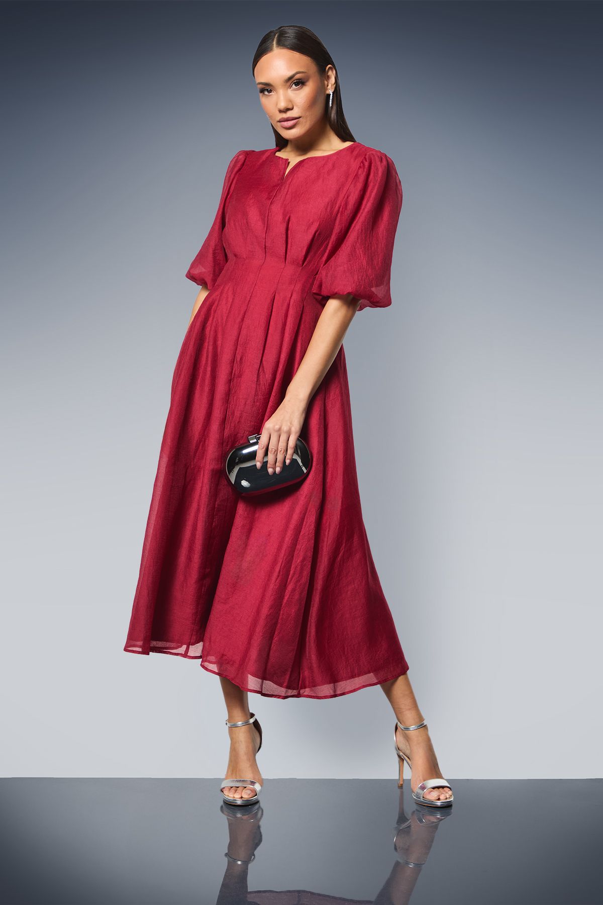 Principles Wine Pleat Waist Organza Midi Dress Wine image 1
