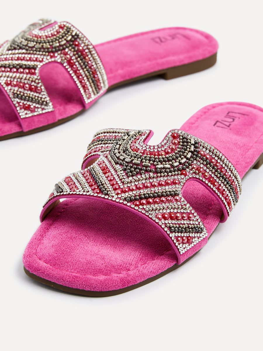 Linzi Indira Fuchsia Suede Aztec Design Embellished Slider Sandal image 4