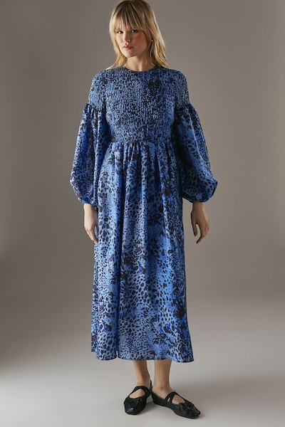 Warehouse Printed Textured Organza Shirred Midaxi Dress Blue