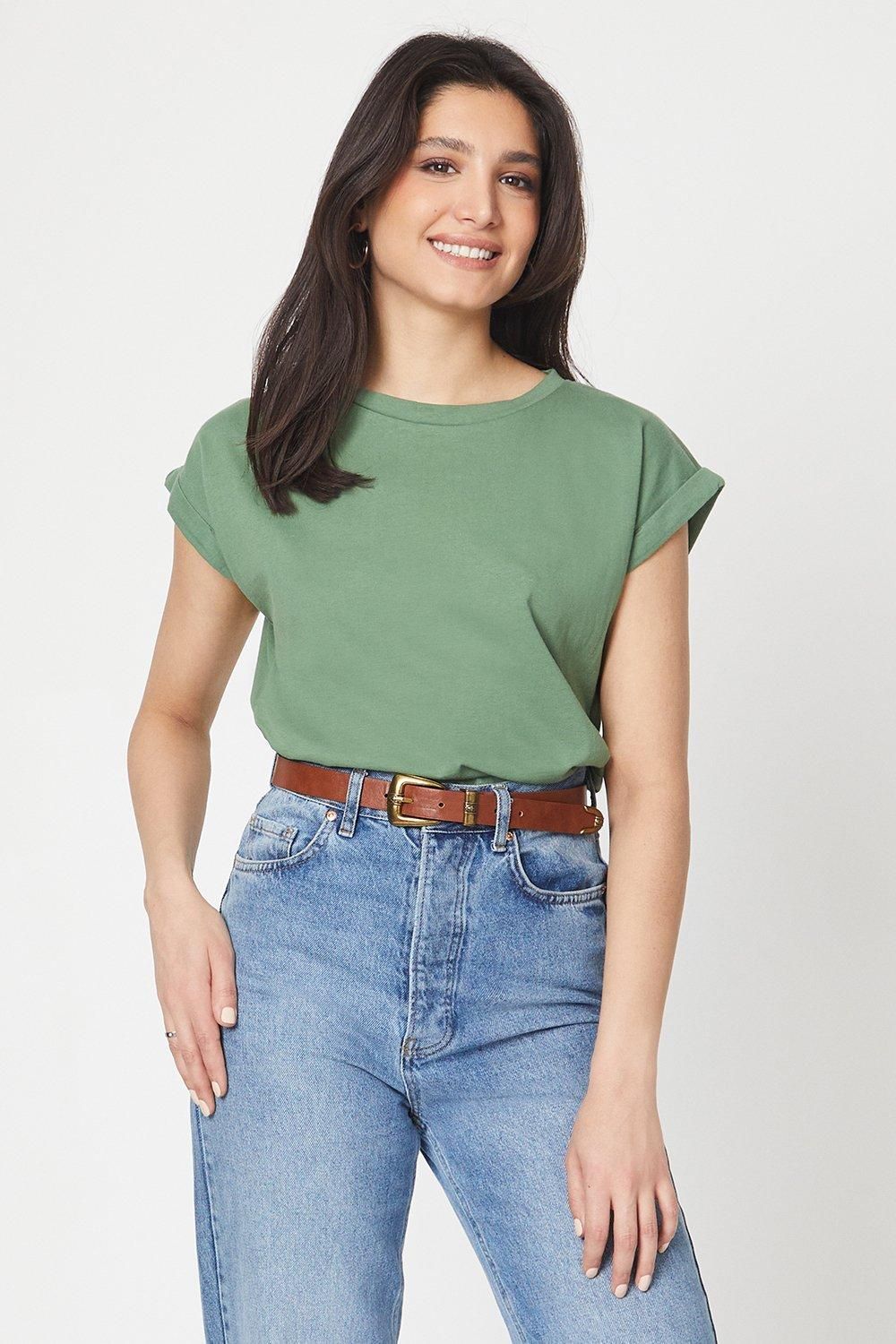 Dorothy Perkins Cotton Roll Sleeve T-shirt Khaki
