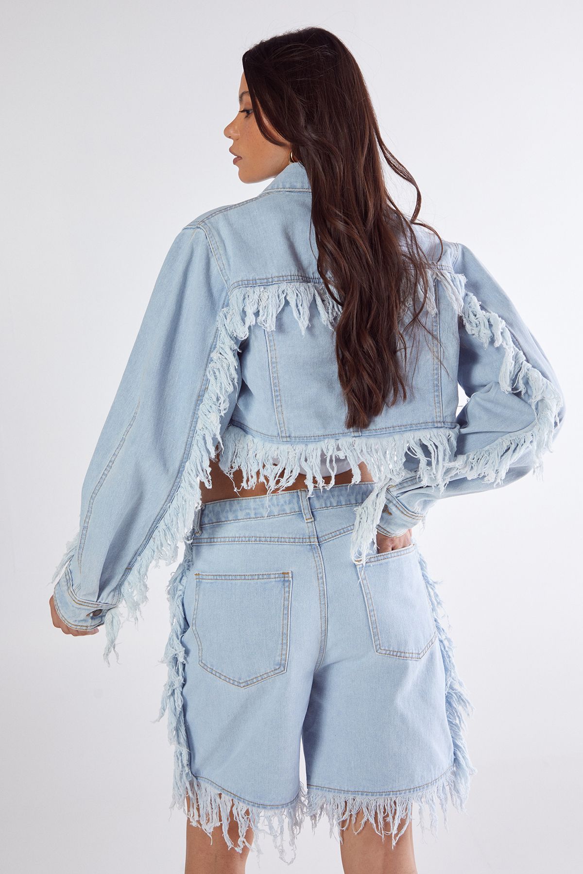 NastyGal Frayed Edge Denim Jacket Light Wash image 4