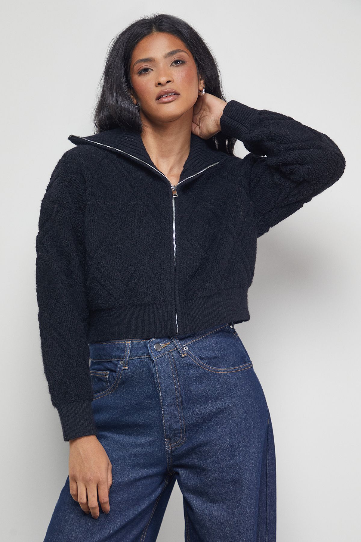 Warehouse Zip Up Chunky Knitted Bomber Black