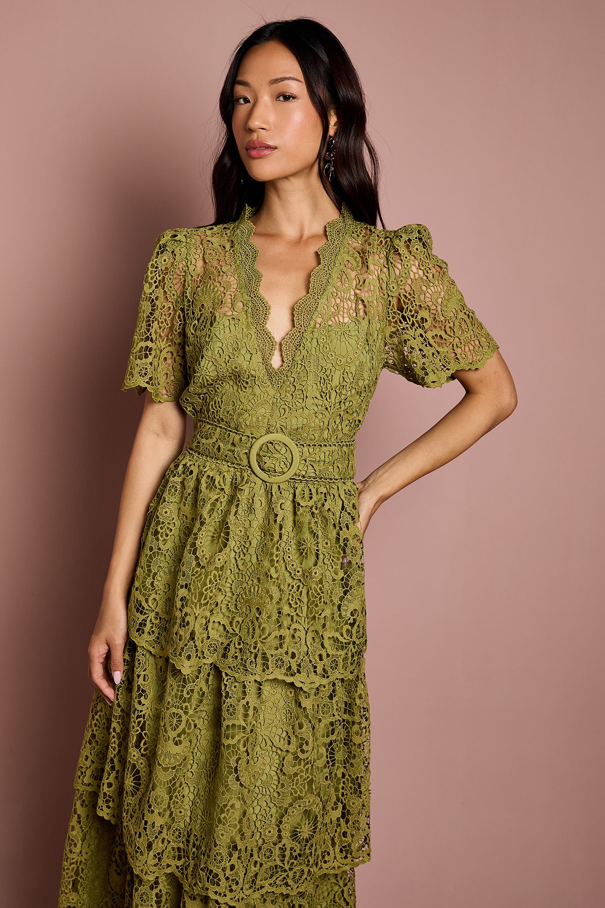 Coast Short Sleeve V Neck Tiered Lace Midi Dress Olive image 2