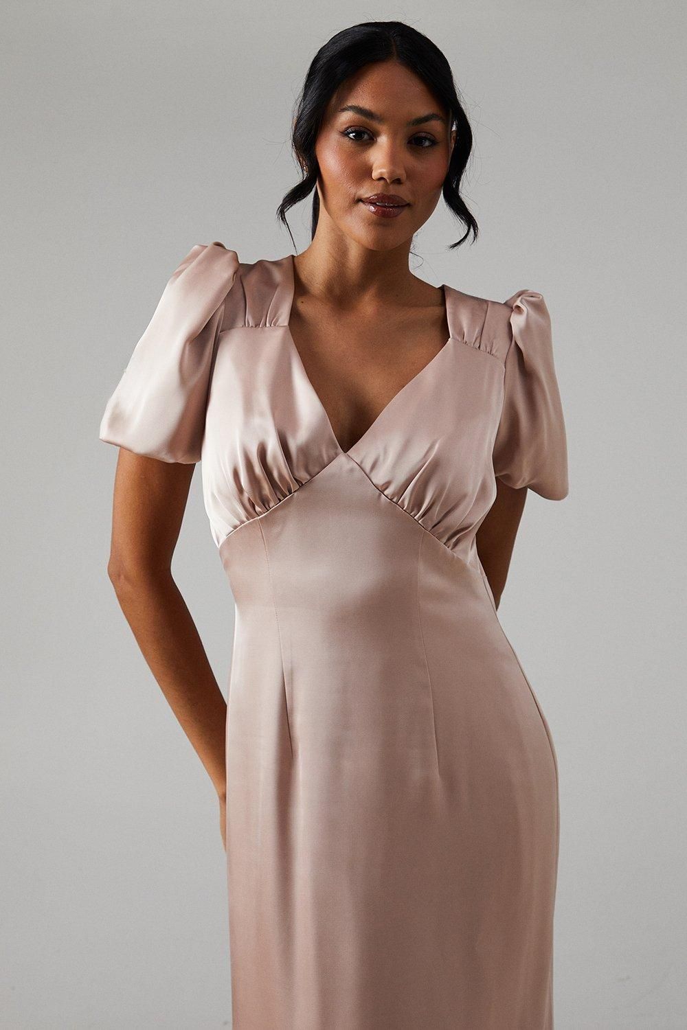 Coast Sweetheart Neckline Puff Sleeve Satin Bridesmaid Maxi Dress Mocha image 4