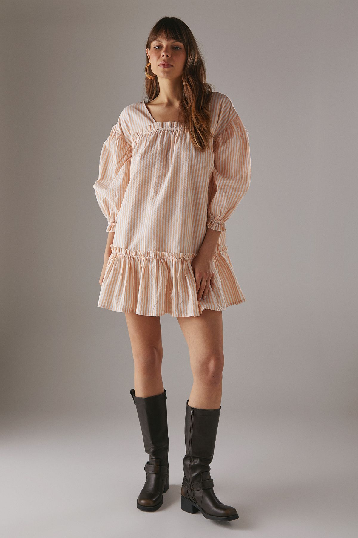 Warehouse Seersucker Check Frill Balloon Sleeve Mini Smock Dress Yellow image 2