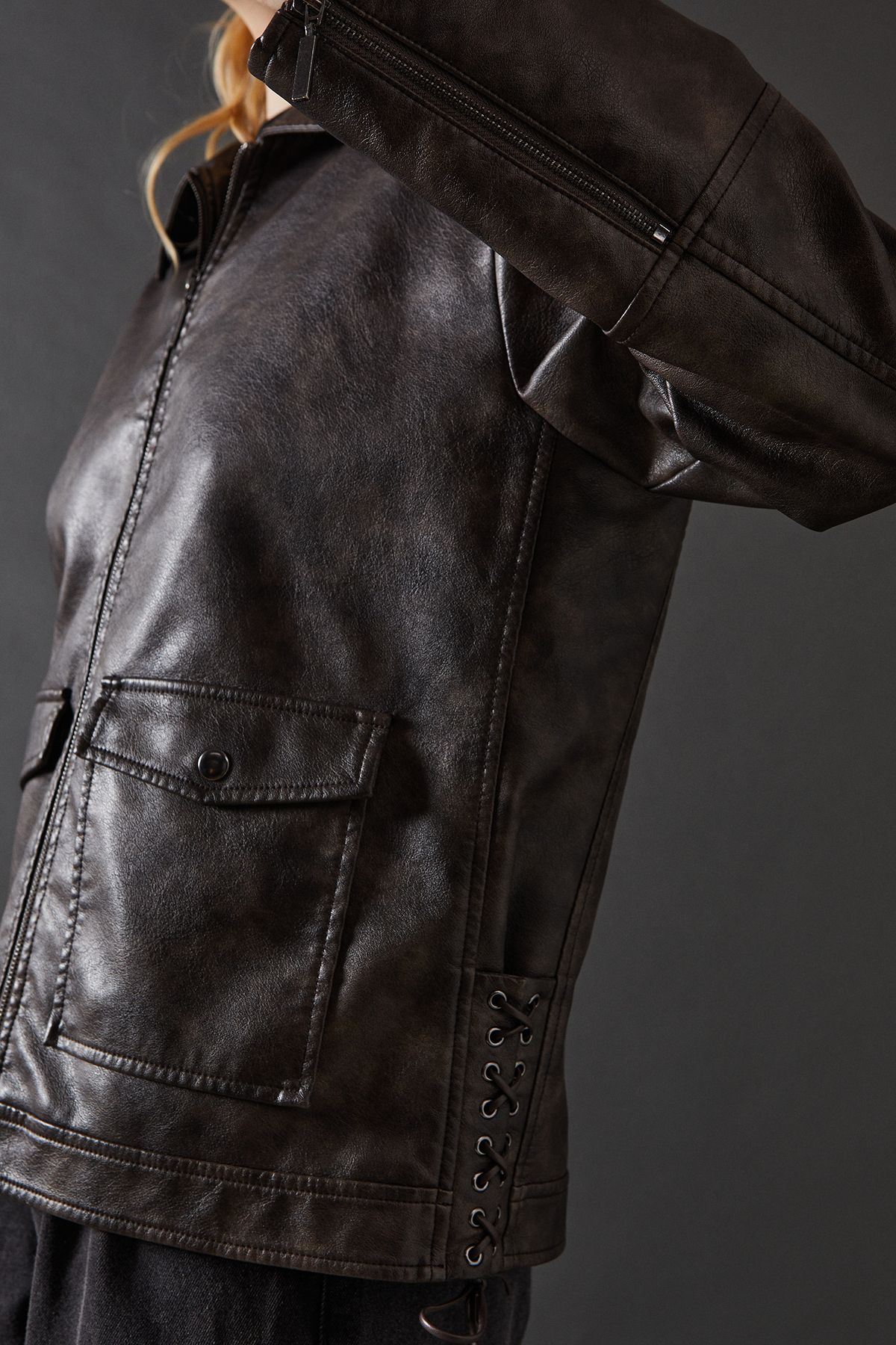 Warehouse Whipstitch Faux Leather Zip Through Jacket Dark Grey image 2