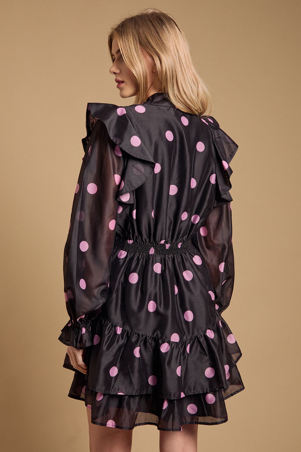 Oasis Tie Neck Ruffle Fit and Flare Mini Dress Black image 3