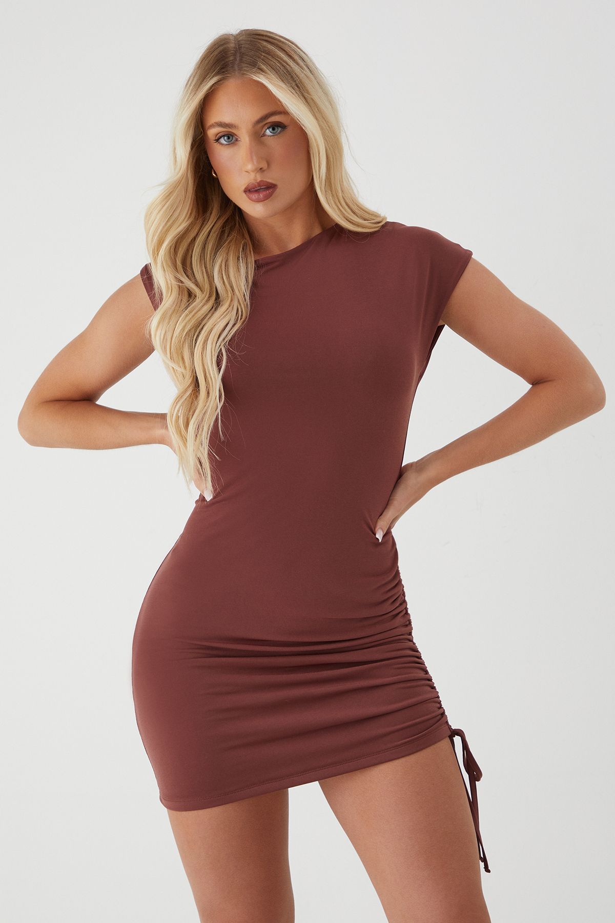 MissPap Off Shoulder Ruched Mini Dress Rust image 4