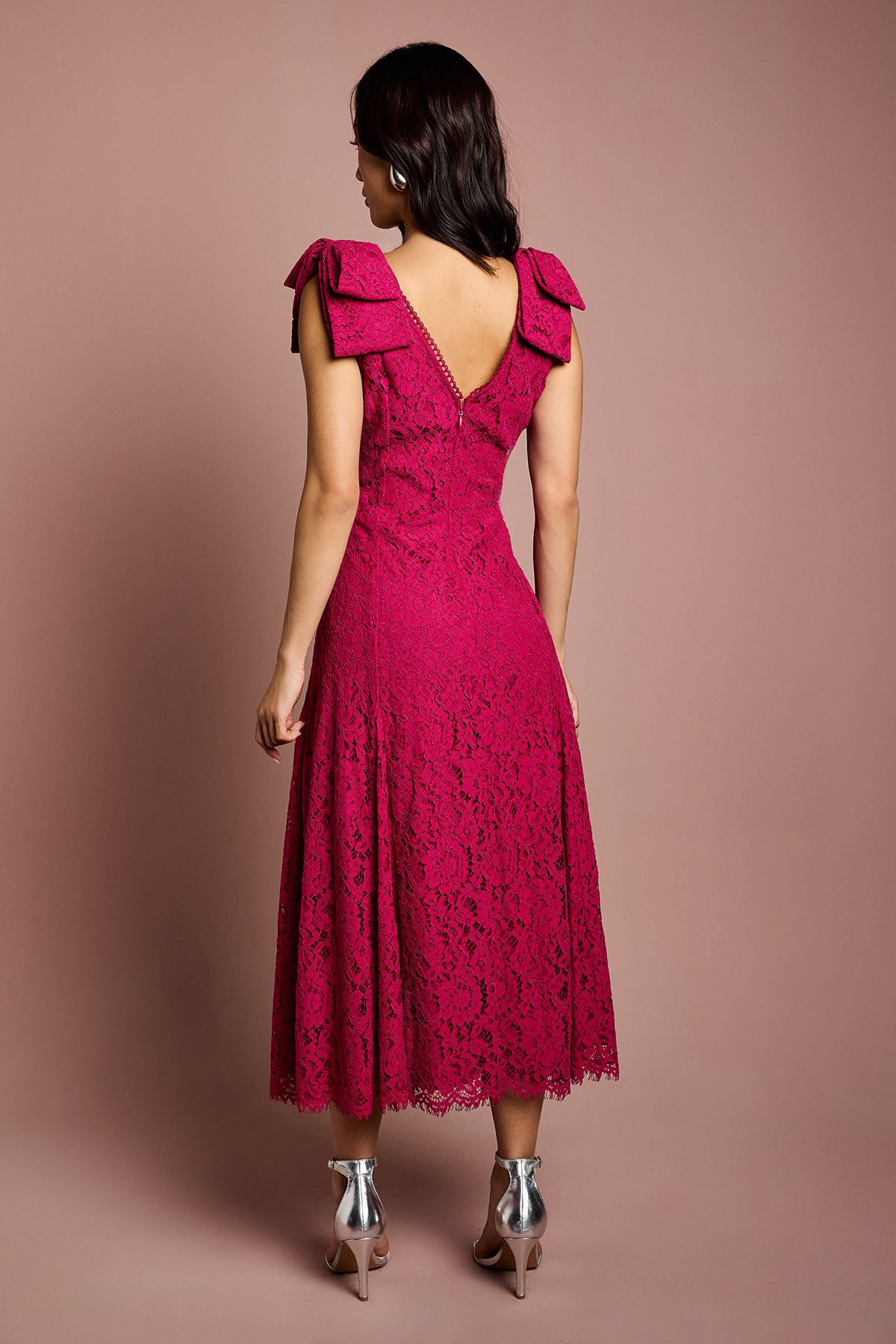 Coast Bow Shoulder V Neck Lace Midi Dress Burgundy image 3