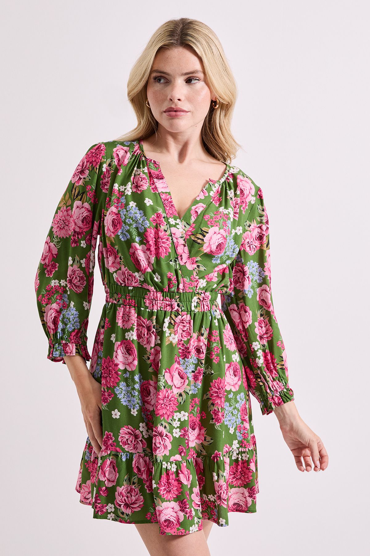 Dorothy Perkins Green Floral Wrap Front Blouson Sleeve Mini Dress Floral image 1