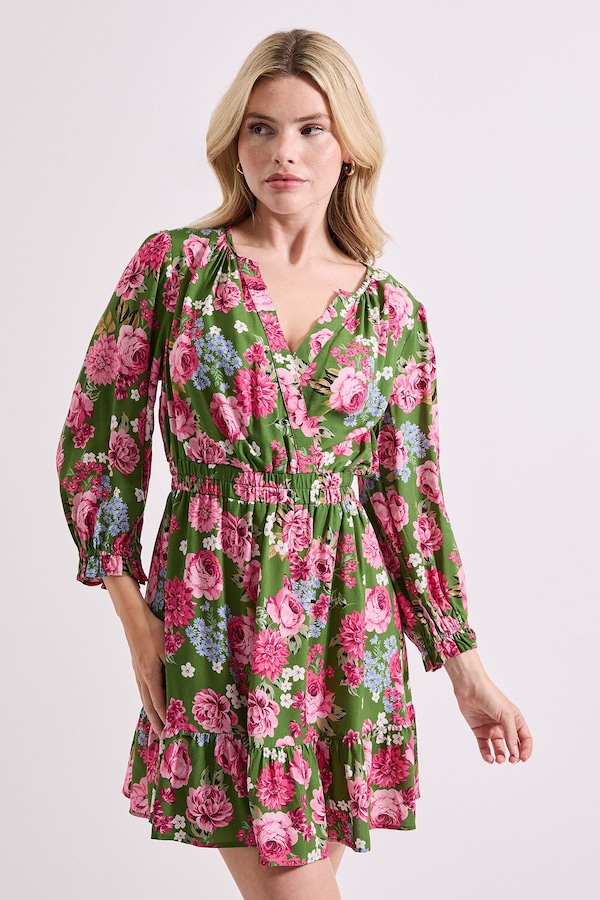 Dorothy Perkins Green Floral Wrap Front Blouson Sleeve Mini Dress Floral