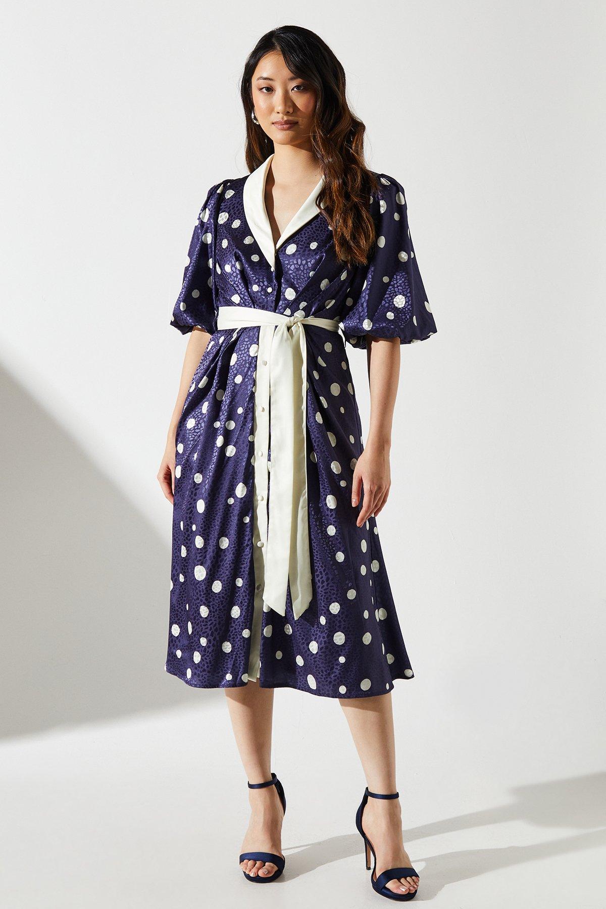 Coast Short Sleeve Satin Polka-Dot Wrap Dress Navy image 1