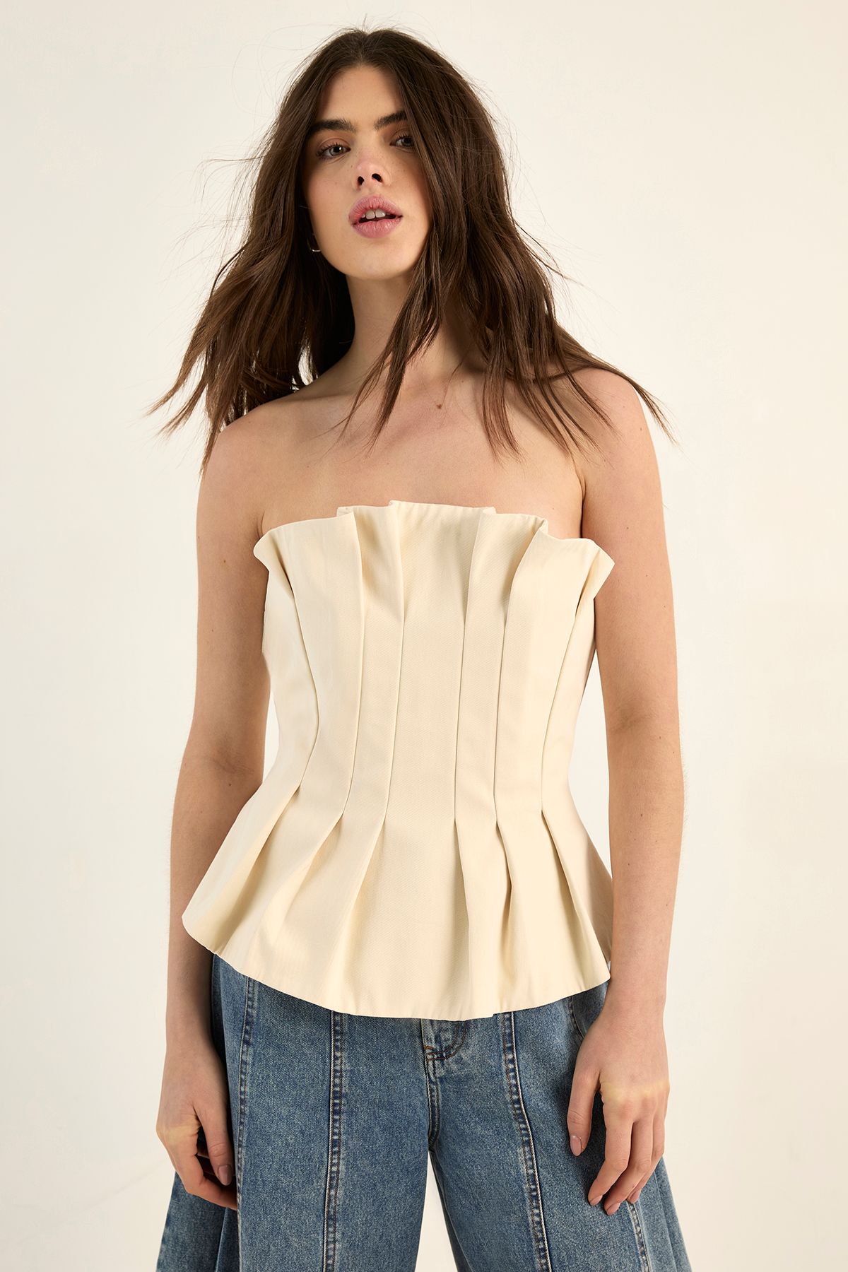 NastyGal Tailored Pleated Strapless Top Ivory