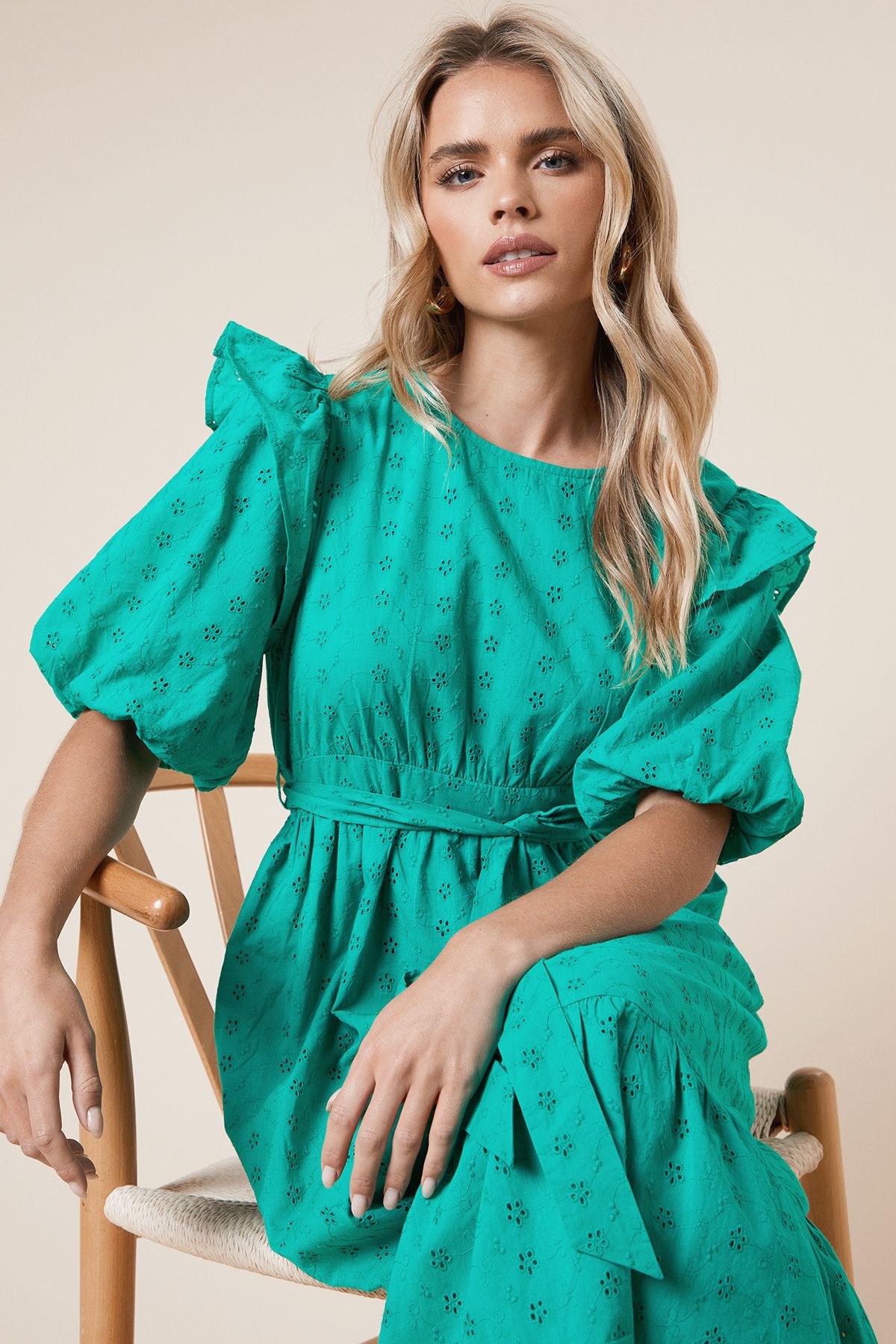 Dorothy Perkins Petite Cutwork Ruffle Puff Sleeve Midi Dress Green image 4