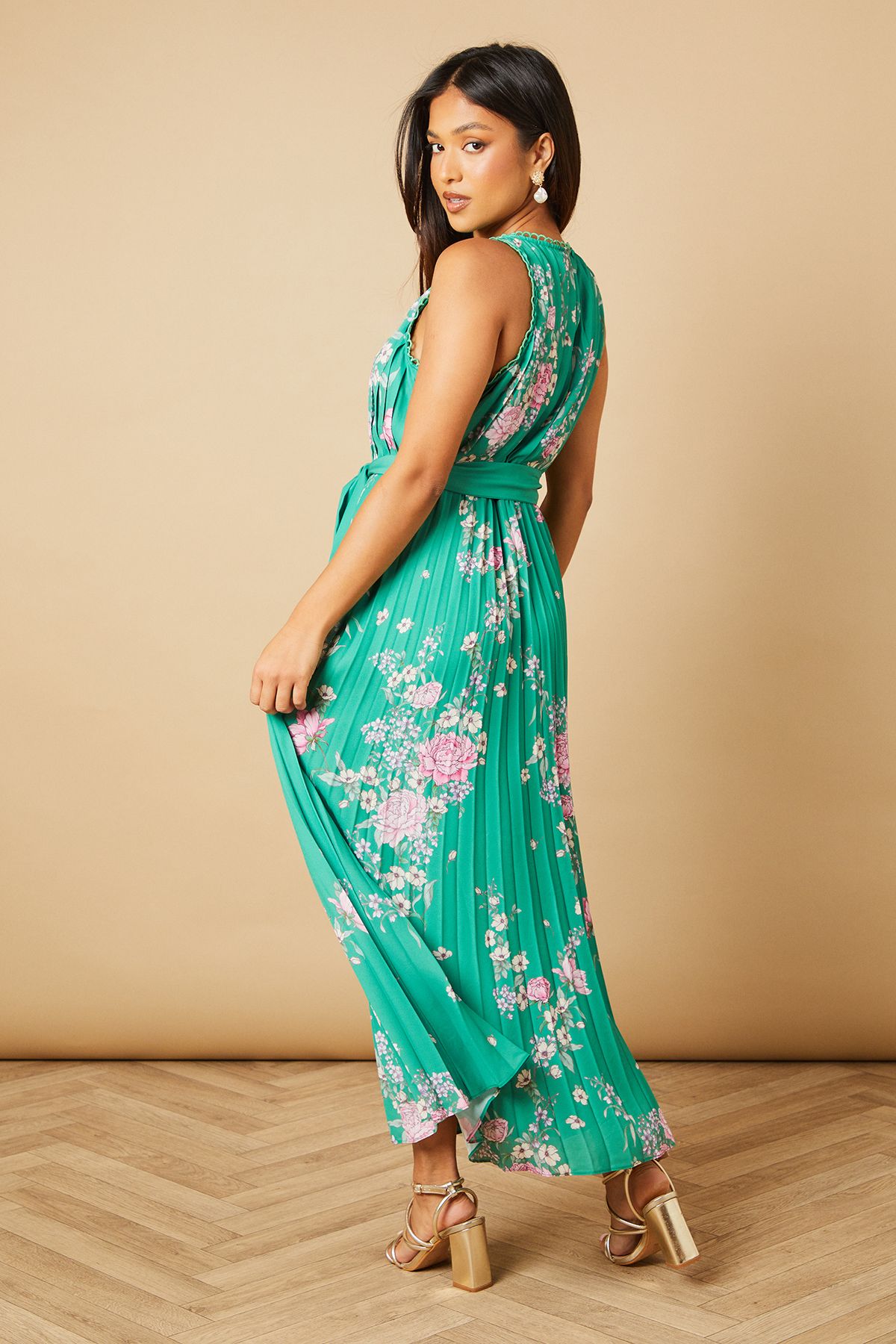 Oasis Petite Green Floral Pleated Belted Midi Dress Green image 4