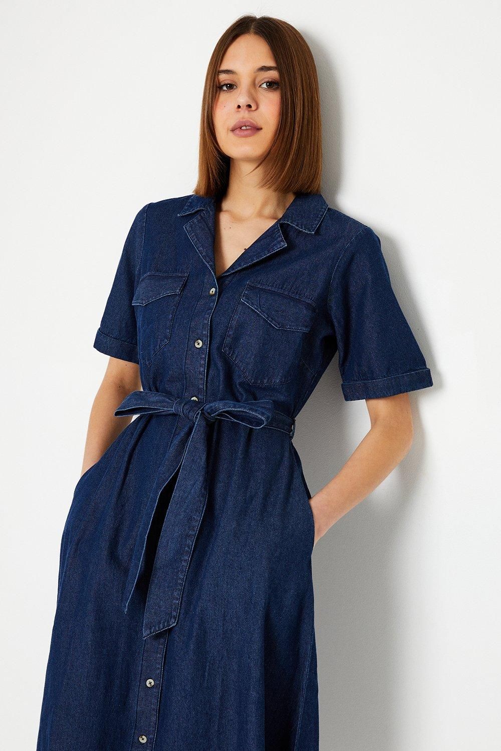 Dorothy Perkins Denim Belted Button Through Midi Dress Dark Wash