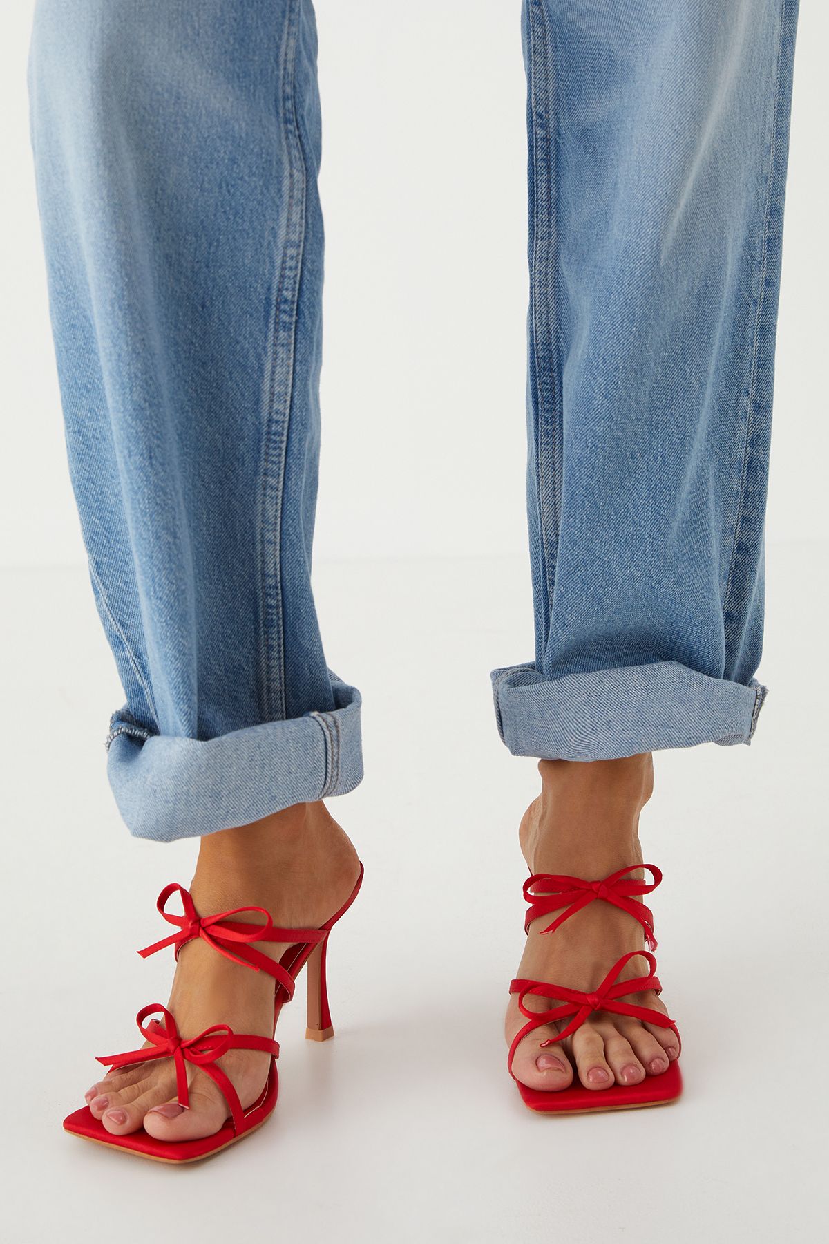 MissPap Satin Bow Square Toe High Stiletto Heel Mules Red image 2