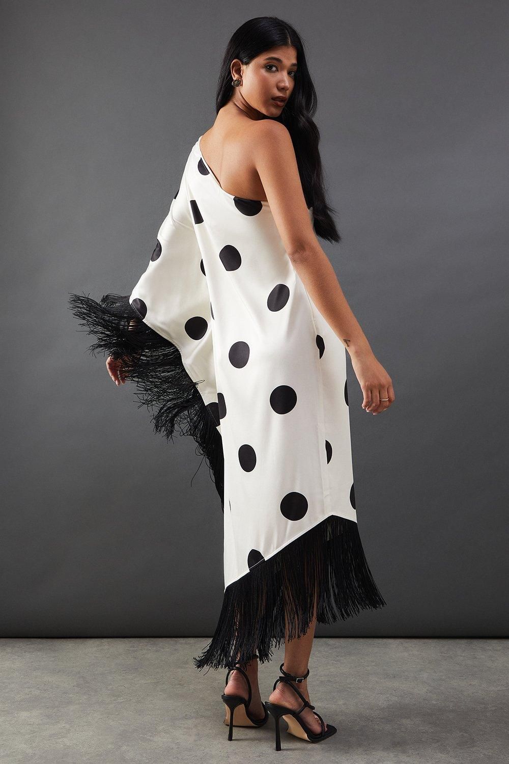 Warehouse Premium Fringe Trim One Shoulder Midi Dress Ivory image 3