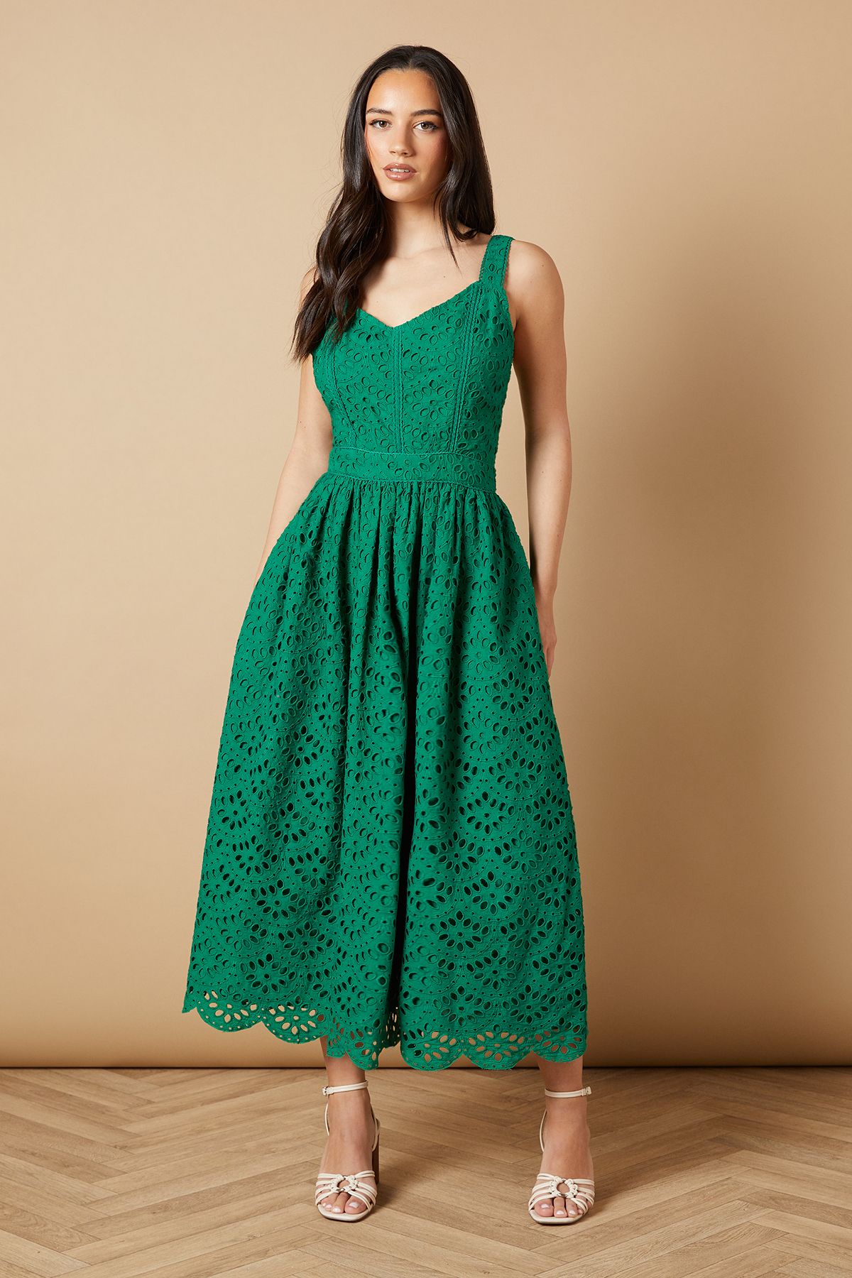 Oasis Embroidered Broderie Midi Dress Bright Green image 1