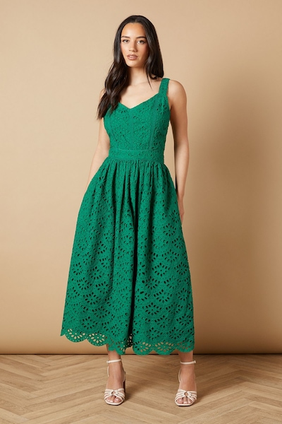 Oasis Embroidered Broderie Midi Dress Bright Green